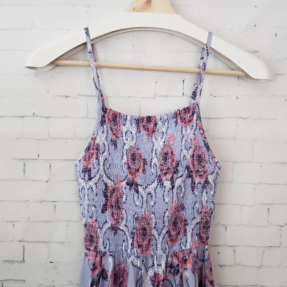 Japana Seersucker Handkerchief Hem Sun Dress Size XS Blue Floral Spaghetti Strap - Picture 2 of 6
